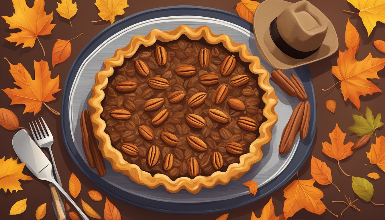 A table set with a pecan pie surrounded by autumn leaves and a cowboy hat, symbolizing the cultural significance of Texas pecan pie