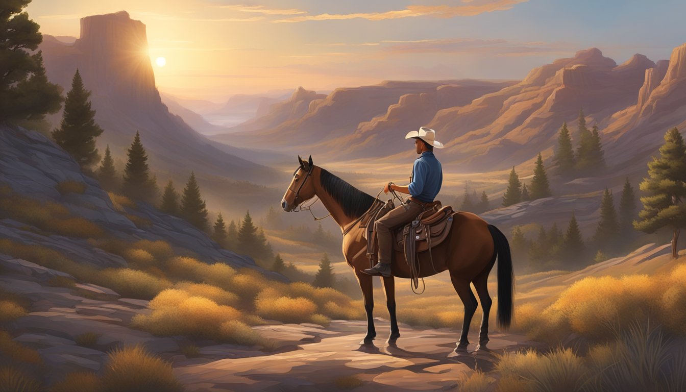 A cowboy saddling a horse at sunrise, surrounded by rugged terrain and a clear, open sky