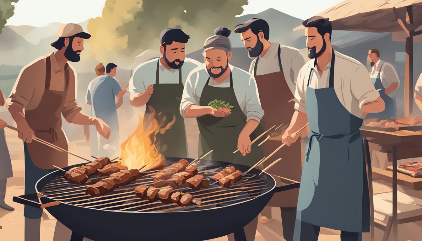 A group of people gather around a smoky, open flame pit, cooking meat on skewers. The air is filled with the aroma of sizzling meat and wood smoke