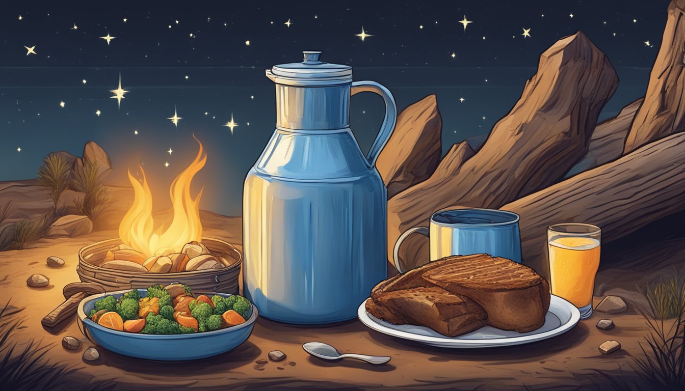 A cowboy's nutrition and hydration: a hearty meal and water jug by a campfire under the stars