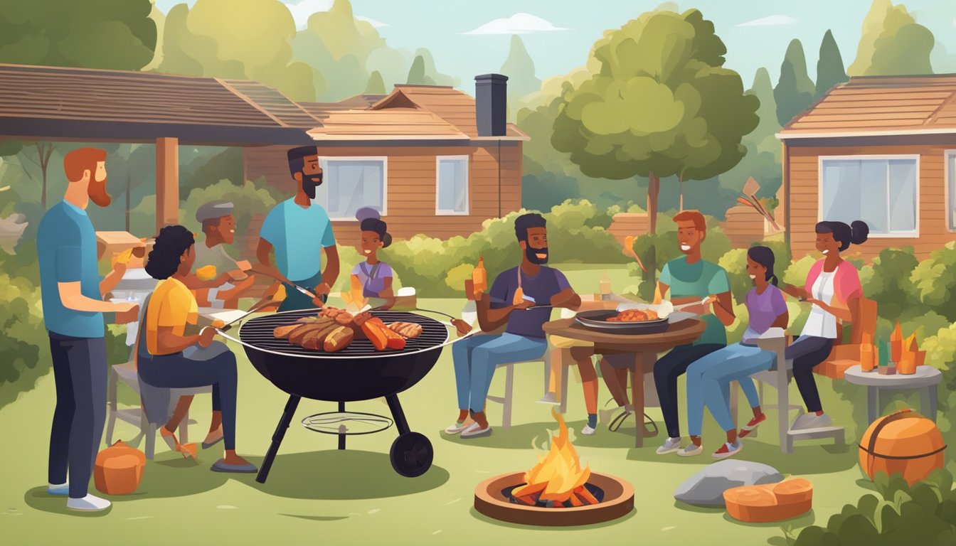 A group of people gather around a smoky fire pit, grilling meat and vegetables on a modern barbecue grill. The air is filled with the aroma of sizzling food, as friends and family enjoy the outdoor cooking experience