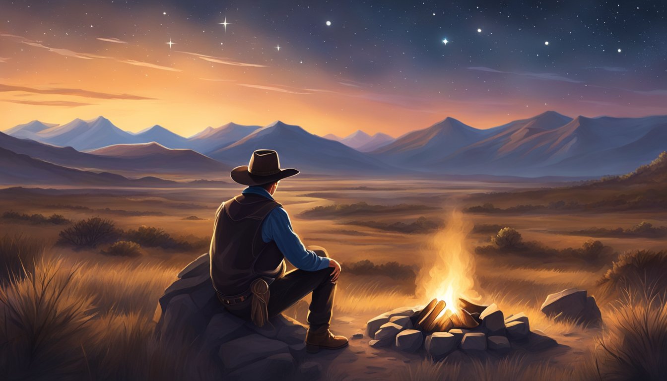 A lone cowboy sits by a campfire under the stars, surrounded by vast open plains and rugged mountains, finding solace in the peacefulness of nature