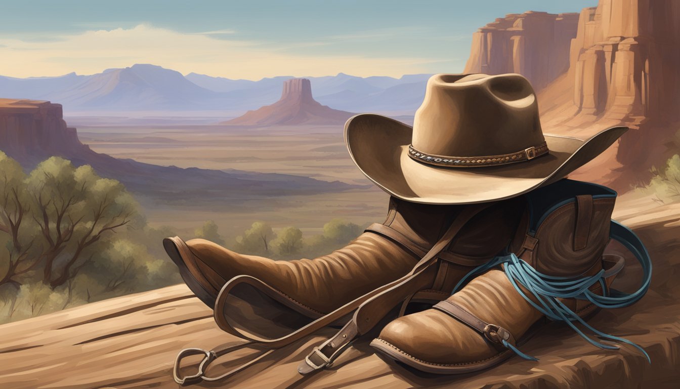 A cowboy's hat, boots, and lasso rest next to a weathered saddle, surrounded by a dusty trail and rugged landscape