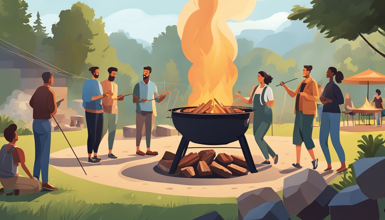 A group of people gather around a large fire pit, roasting meat on skewers. The smell of smoke and sizzling meat fills the air