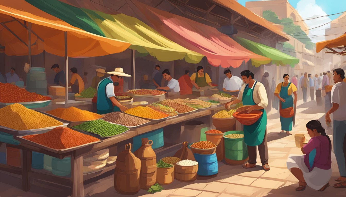 A bustling Mexican marketplace with colorful stalls selling traditional ingredients and dishes. The aroma of spices and sizzling meats fills the air