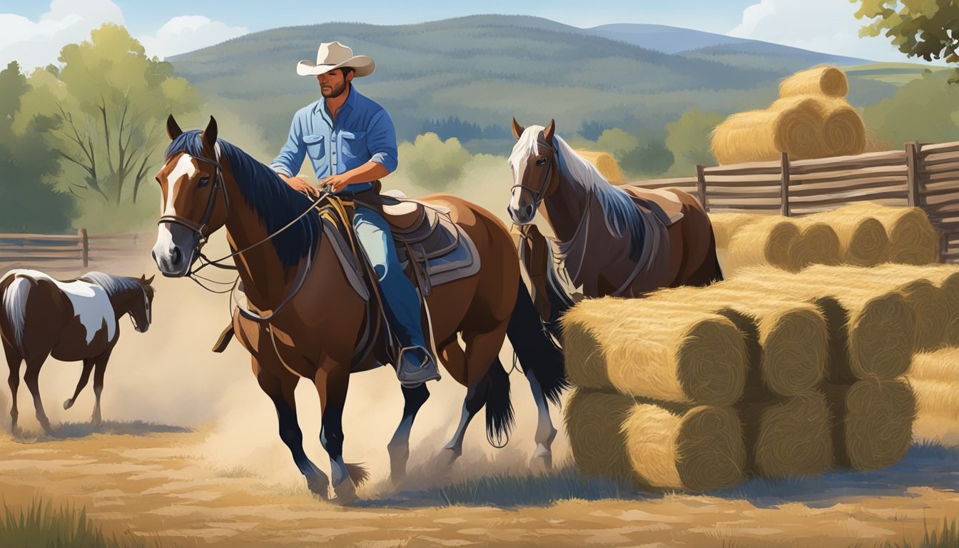 A working cowboy tending to horses, lifting hay bales, and exercising outdoors on a ranch