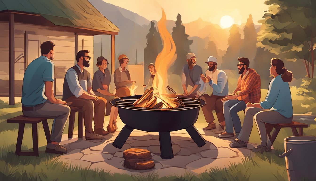 A group of people gather around a fire pit, roasting meat on skewers. The aroma of smoke and sizzling meat fills the air