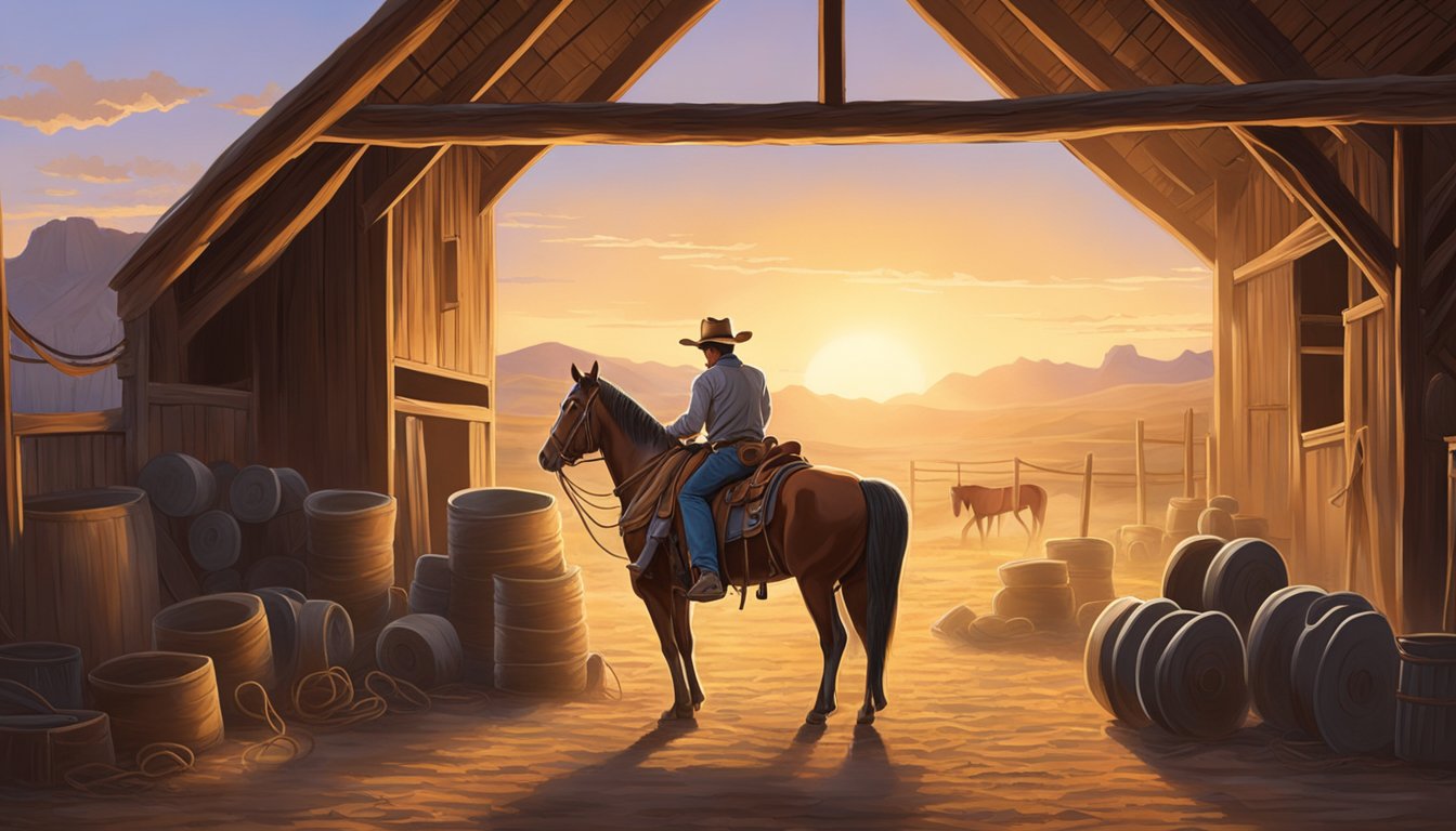 A rugged cowboy lifting heavy weights in a dusty barn, surrounded by saddles and ropes, as the sun sets on the open range