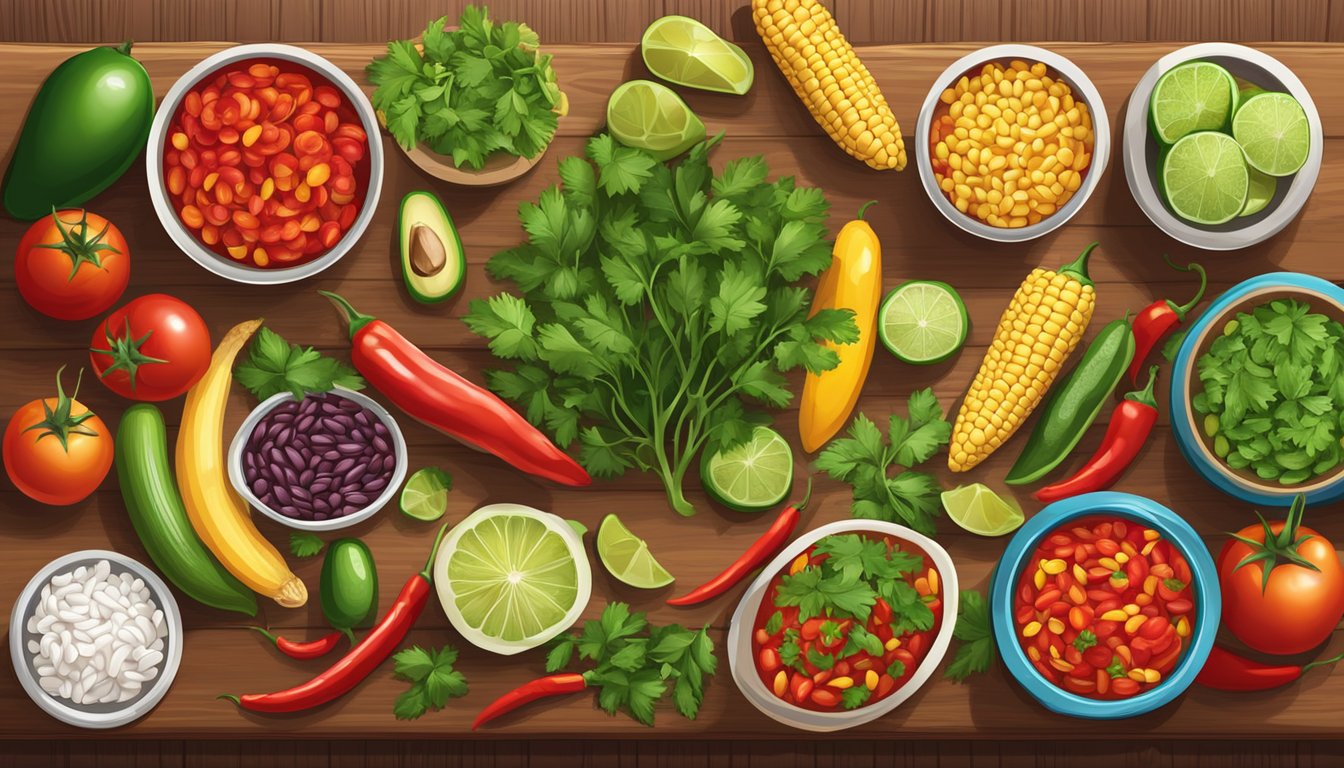 A colorful array of staple ingredients for authentic Mexican cuisine, including tomatoes, chili peppers, avocados, corn, beans, and cilantro, arranged on a wooden table