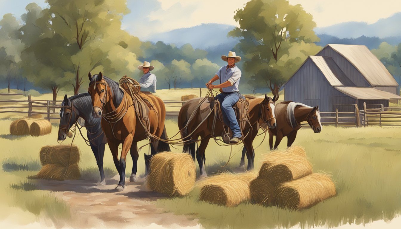 A working cowboy tending to horses, lifting hay bales, and practicing outdoor exercises in a rural setting