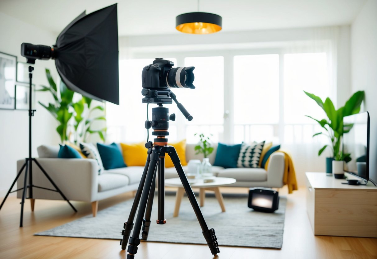 A camera, tripod, and lighting equipment arranged in a bright, modern living room with stylish furniture and decor