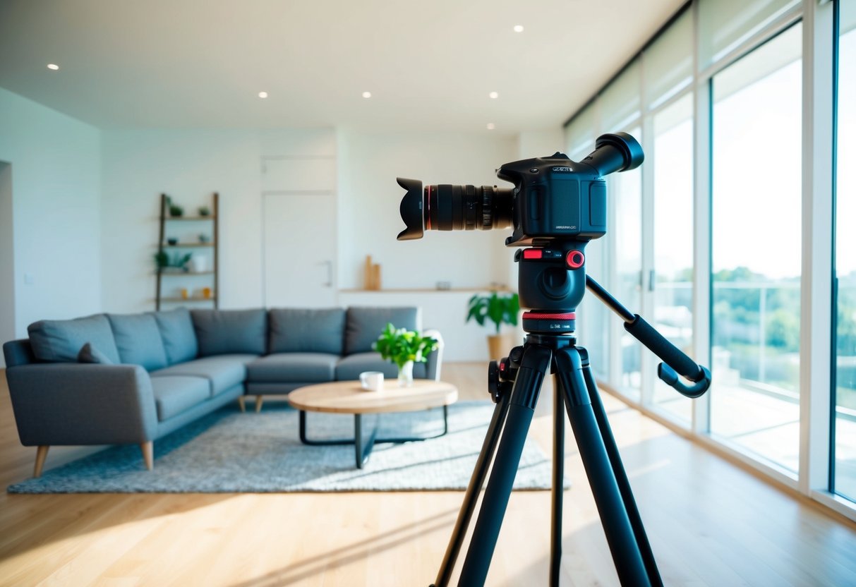 A bright, modern living room with natural light streaming in through large windows. A professional camera and tripod are set up to capture the space