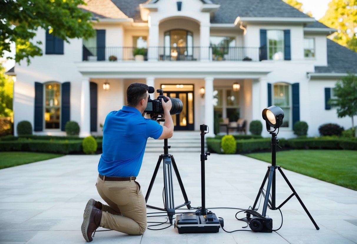 A real estate photographer capturing a luxurious home exterior with professional equipment and lighting setup