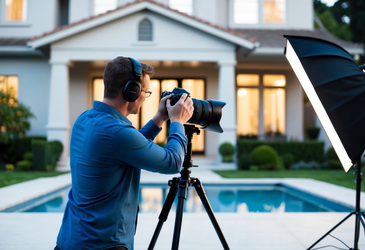 A professional photographer capturing a luxurious home exterior with a modern camera and tripod, while adjusting lighting equipment for the perfect shot