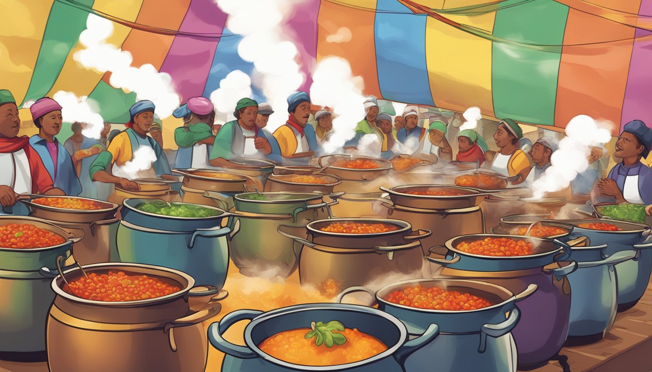 A row of steaming pots filled with bubbling, spicy chili, surrounded by colorful banners and eager onlookers