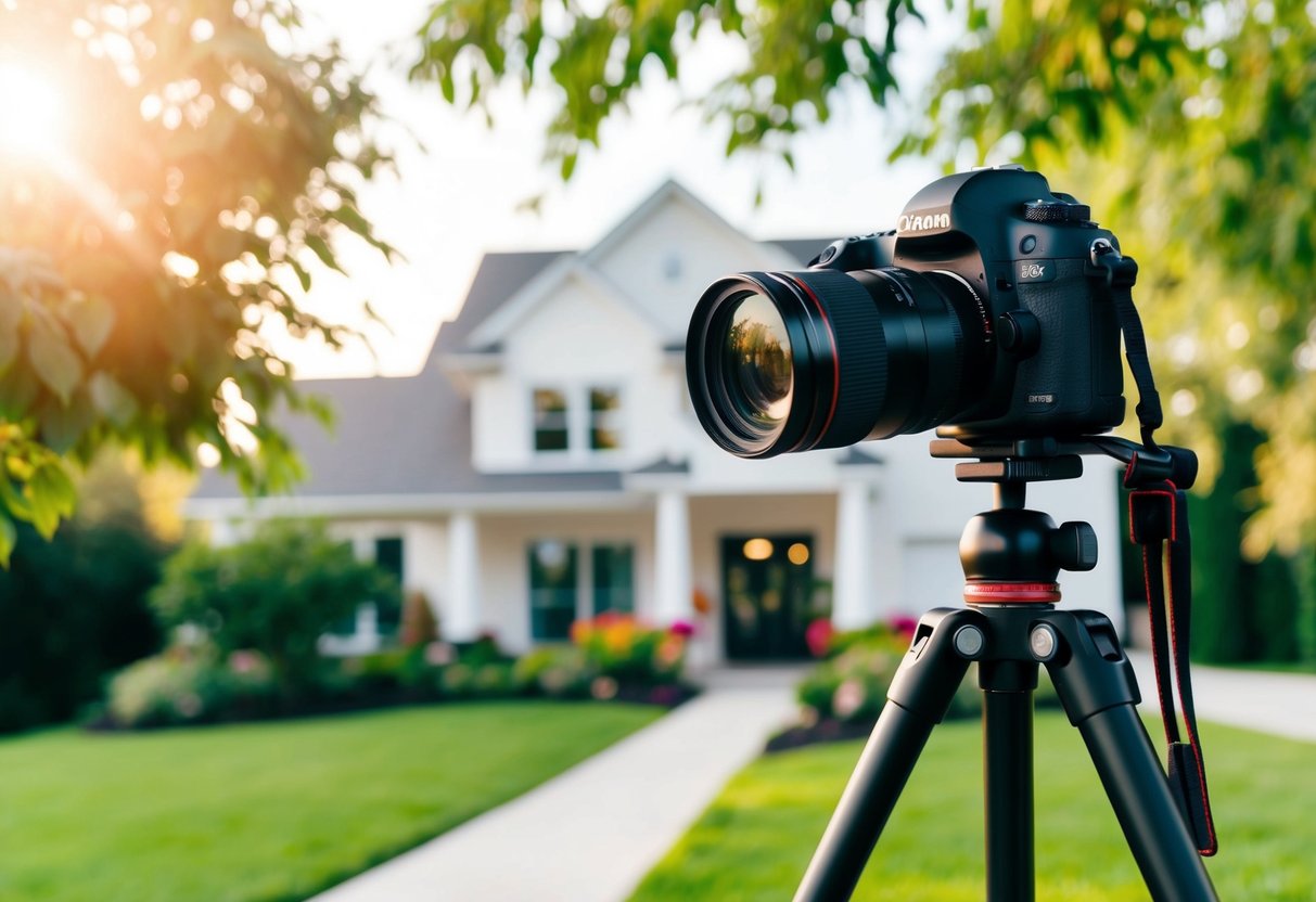 A camera, tripod, and real estate property with natural lighting and appealing composition