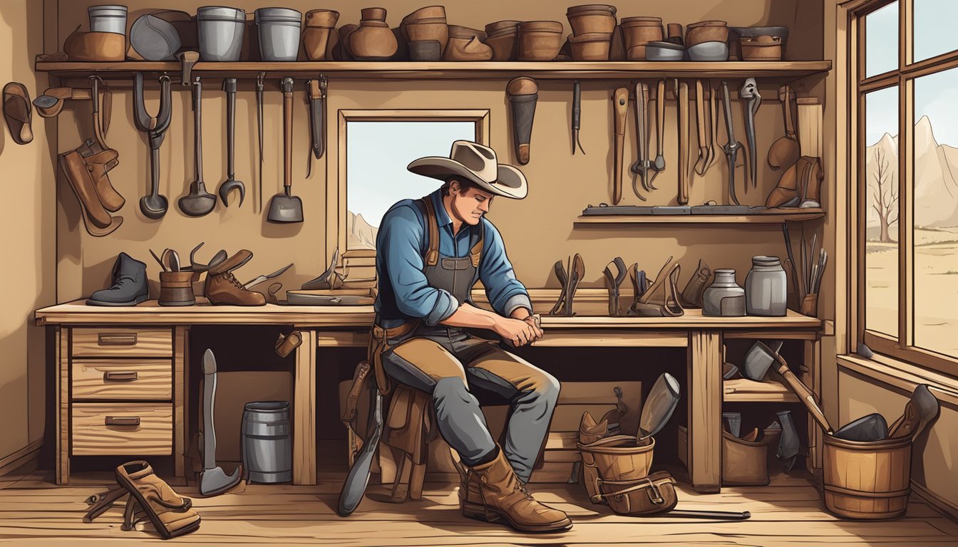 A cobbler meticulously handcrafts a custom cowboy boot, surrounded by tools and materials in a rustic workshop