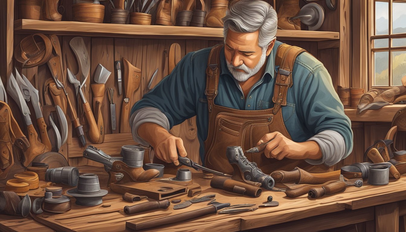 A craftsman meticulously carves intricate designs into a leather cowboy boot, surrounded by tools and materials in a rustic workshop