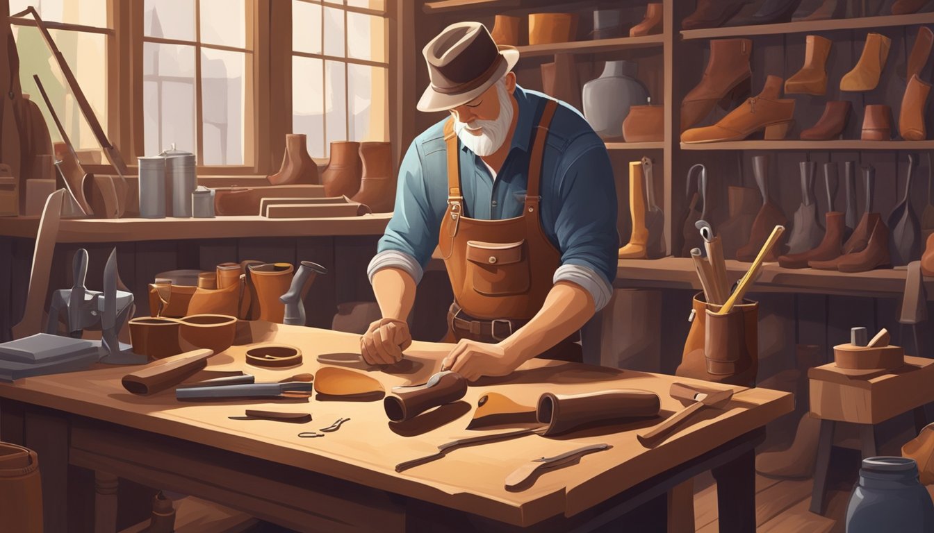 A craftsman carefully measures and shapes leather to create a custom cowboy boot, surrounded by tools and materials in a well-lit workshop