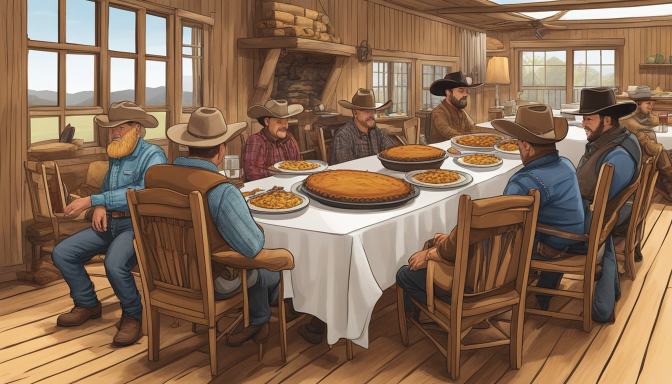 A long dining table filled with smoked brisket, cornbread dressing, sweet potato casserole, and pecan pie. Cowboy hats and boots line the chairs