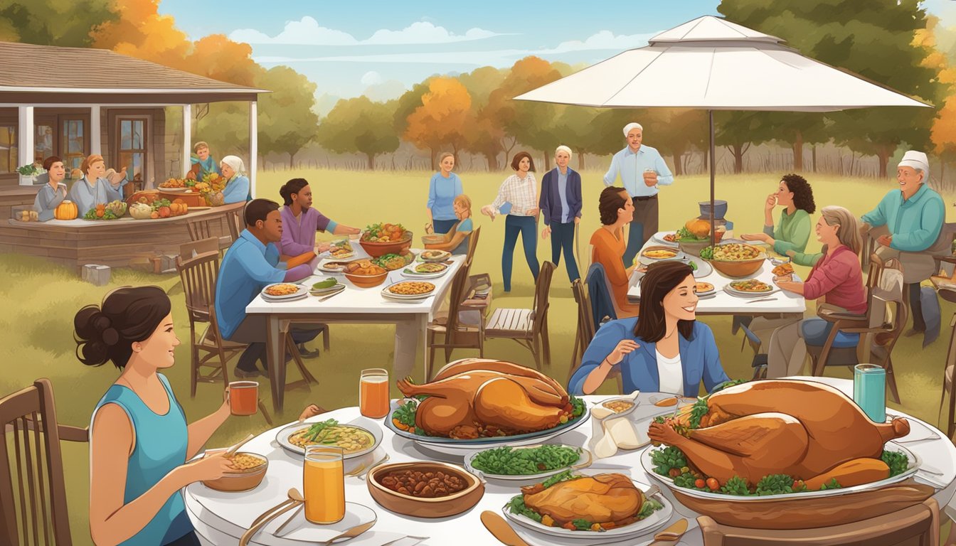 A festive table set with traditional Texas Thanksgiving dishes, surrounded by family and friends enjoying outdoor activities