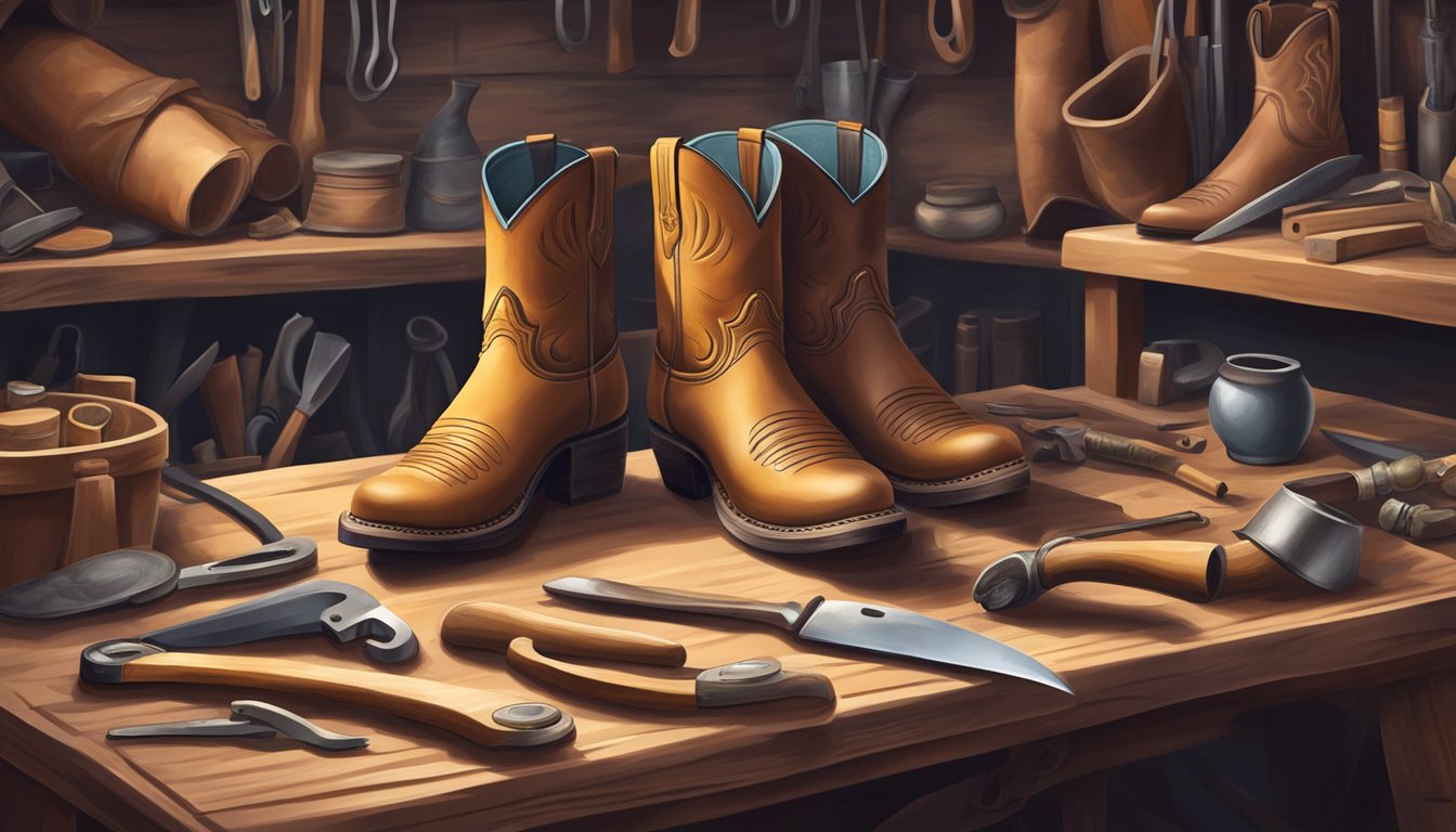 A skilled artisan meticulously handcrafts custom cowboy boots, surrounded by tools and materials in a traditional workshop