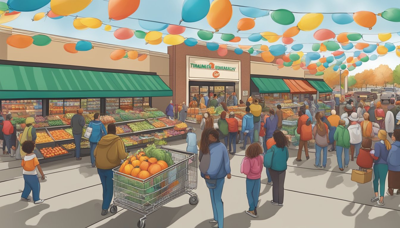 Crowds gather outside a Texas supermarket, adorned with Thanksgiving decorations. A banner advertises holiday sales, while shoppers carry filled shopping carts