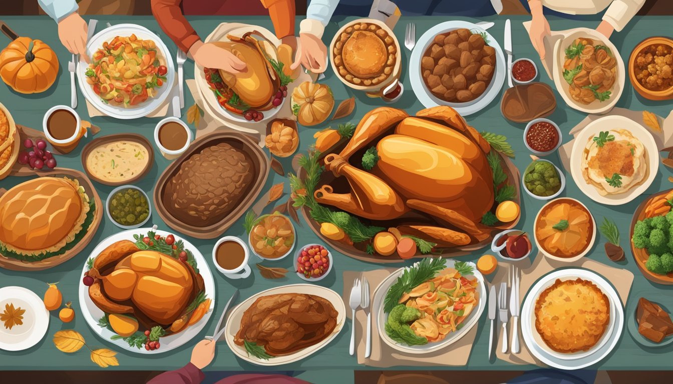 A festive table set with traditional Texas Thanksgiving dishes and decorations, surrounded by friends and family enjoying the culinary experience