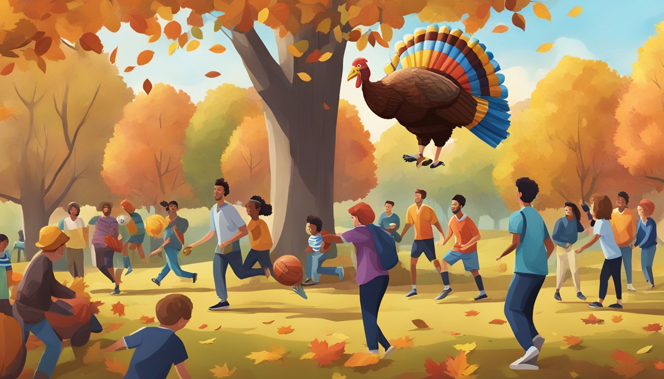 A group of people playing football in a park surrounded by autumn trees and a large turkey-shaped pinata hanging from a tree