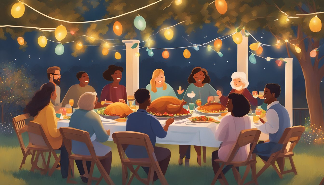 A group of people gathered around a large outdoor table, adorned with colorful decorations and filled with traditional Texas Thanksgiving dishes. The warm glow of string lights illuminates the scene as everyone enjoys the festive atmosphere