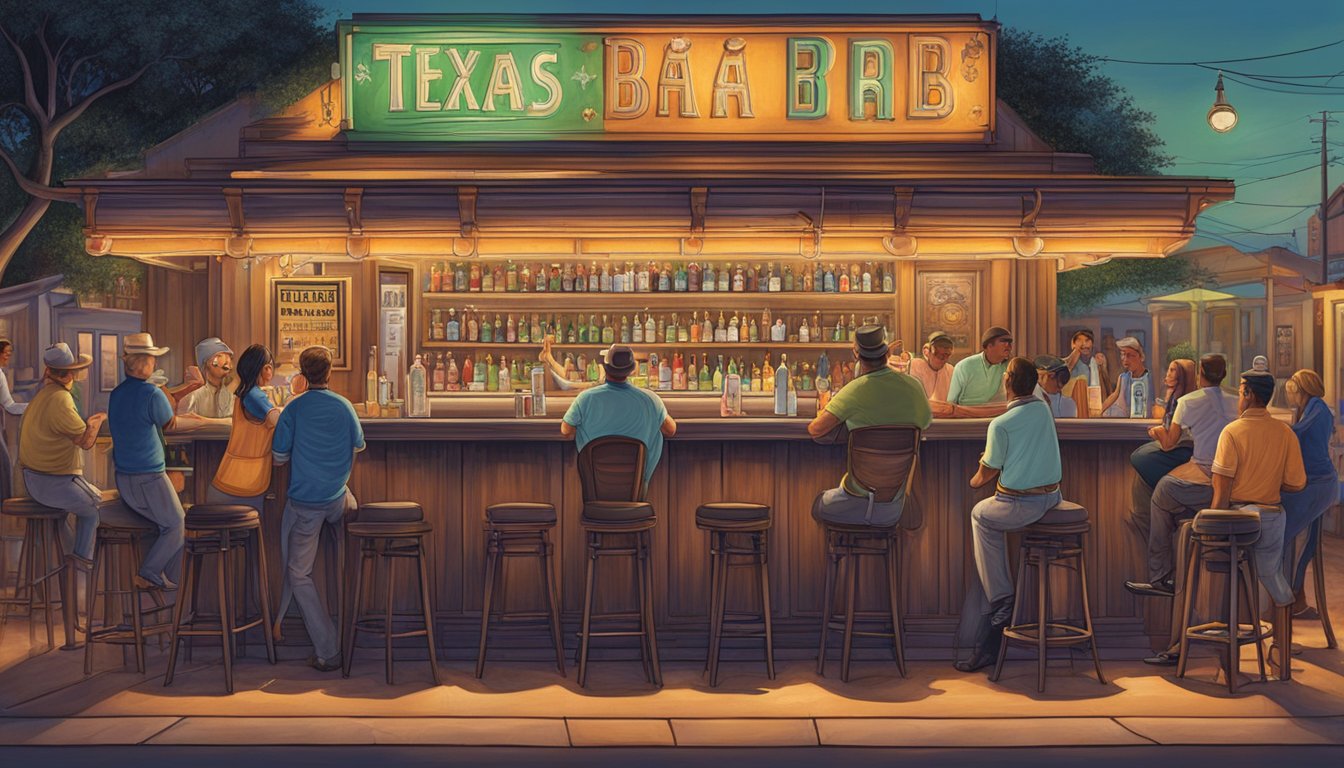 A bustling Texas bar with a vintage frozen margarita machine as the focal point, surrounded by patrons enjoying the cultural impact and expansion of the iconic drink