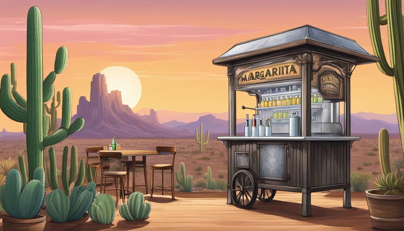 A vintage frozen margarita machine sits on a rustic Texas bar, surrounded by cacti and desert scenery. A bartender prepares the perfect blend