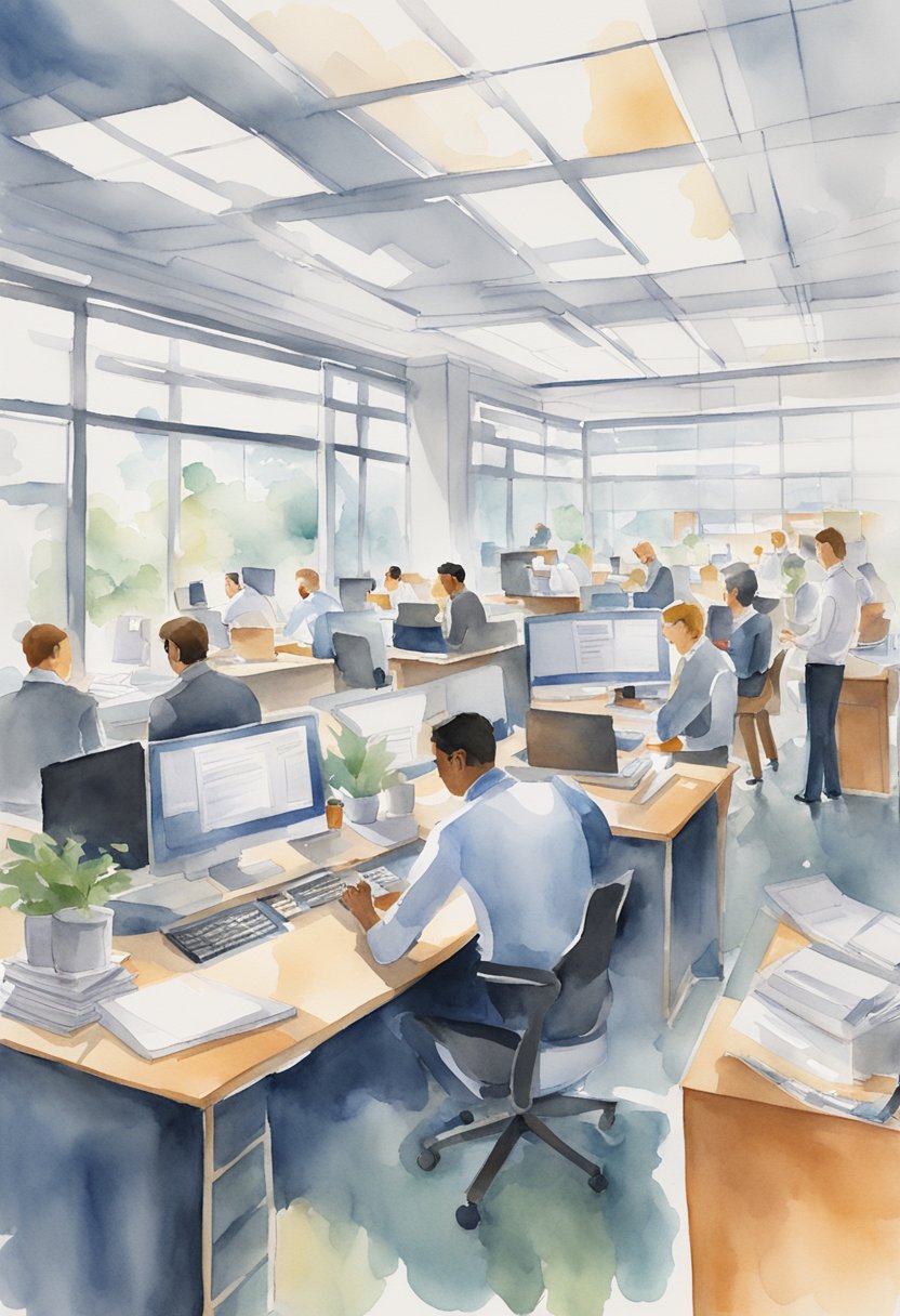 A bustling office space with employees collaborating at their desks and engaging in sales activities