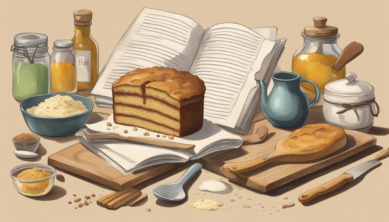 A vintage kitchen with a worn recipe book open to a page titled "Texas Funeral Cake," surrounded by scattered baking ingredients and utensils