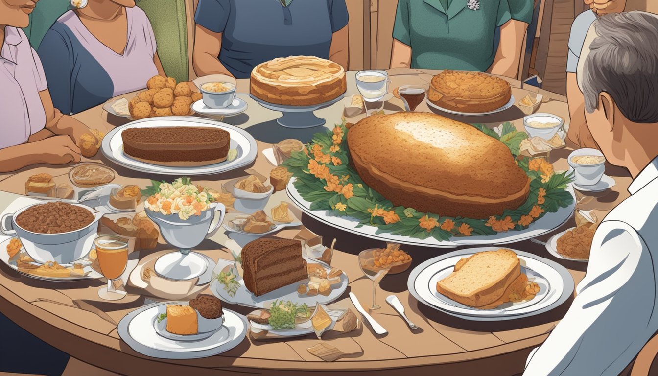 A table set with a spread of traditional funeral foods, including a Texas funeral cake, surrounded by family members sharing stories and seeking comfort