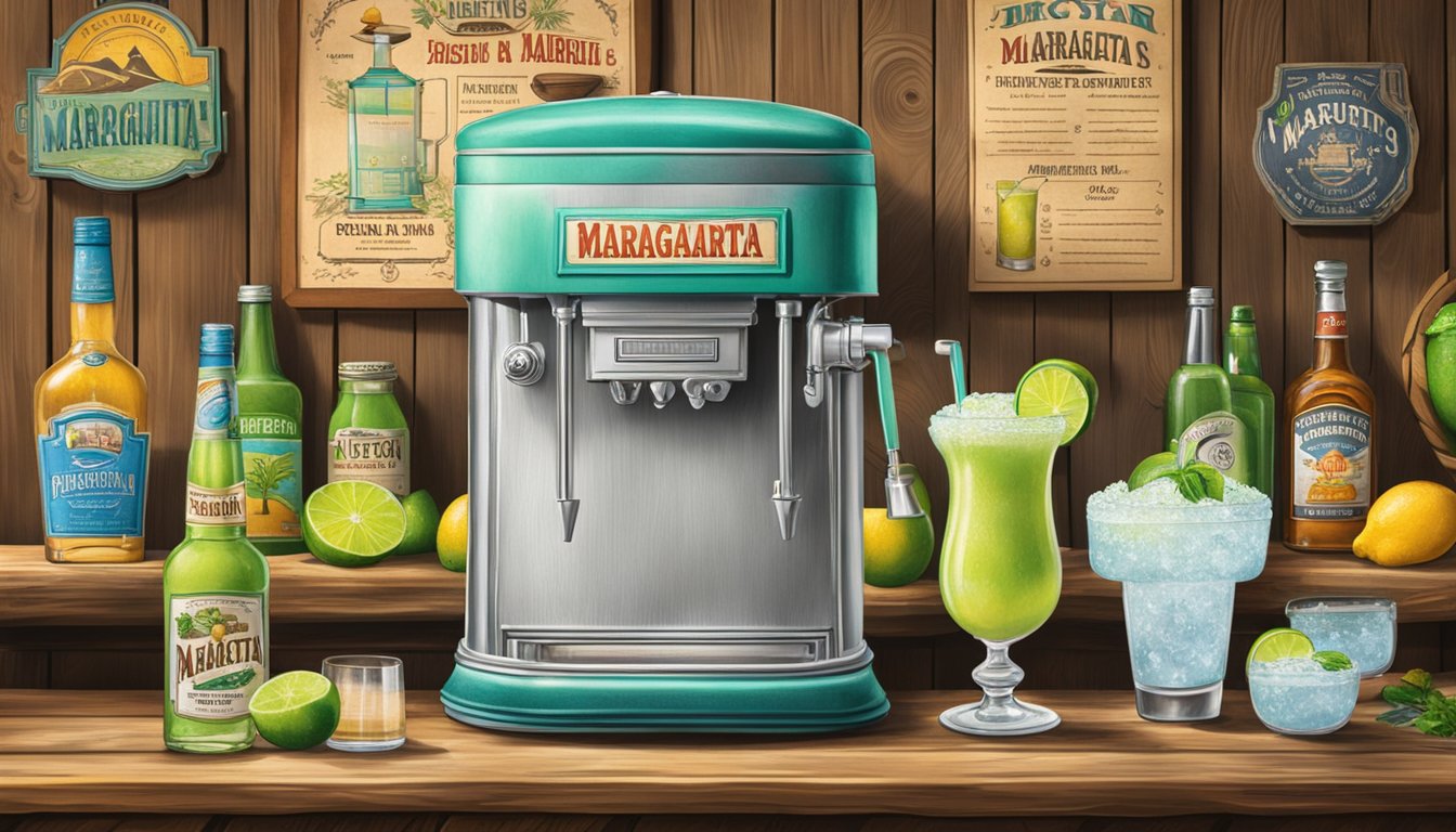 A vintage frozen margarita machine sits atop a rustic wooden bar, surrounded by Texas memorabilia and recommendations for the best margarita recipes