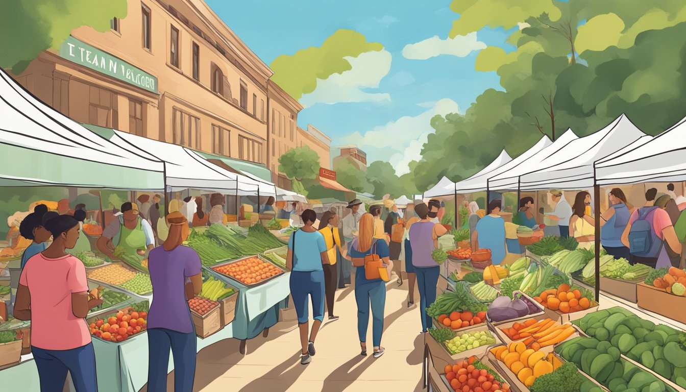 A colorful farmer's market with an array of fresh fruits, vegetables, and herbs. A sign reads "Texan Vegan Cuisine" while people sample plant-based dishes