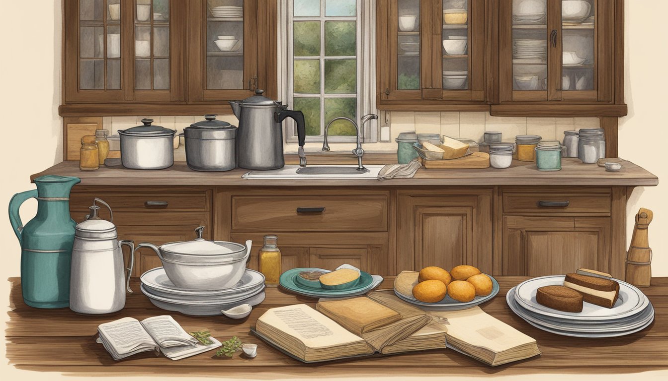 A vintage kitchen with ingredients for Texas Funeral Cake laid out on a worn wooden table, surrounded by old recipe books and a framed photo of a family gathering