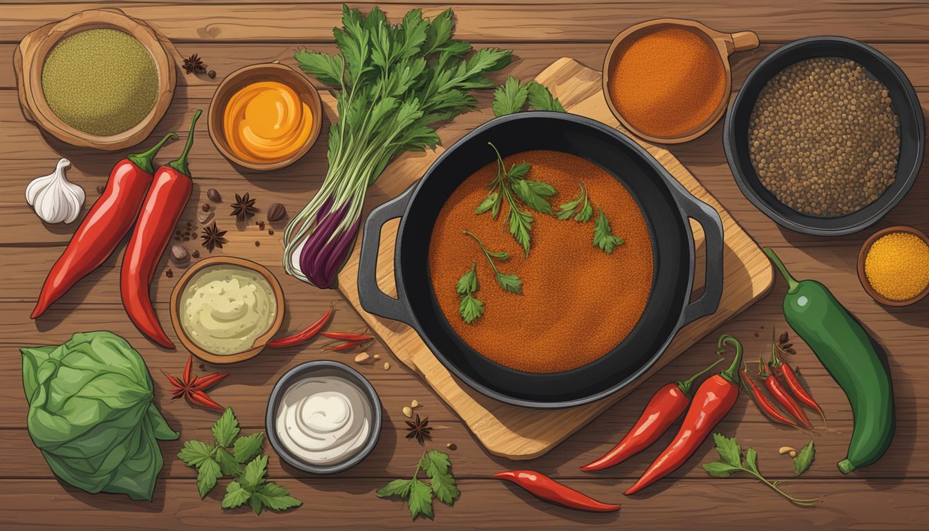 A colorful spread of Texan vegan spices, herbs, and fresh produce on a rustic wooden table, with a cast iron skillet and a pot of simmering chili in the background