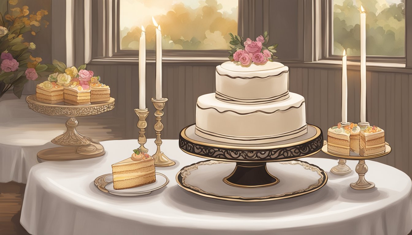 A table set with a simple, yet elegant cake stand holding a decadent Texas funeral cake, surrounded by warm, comforting ambiance