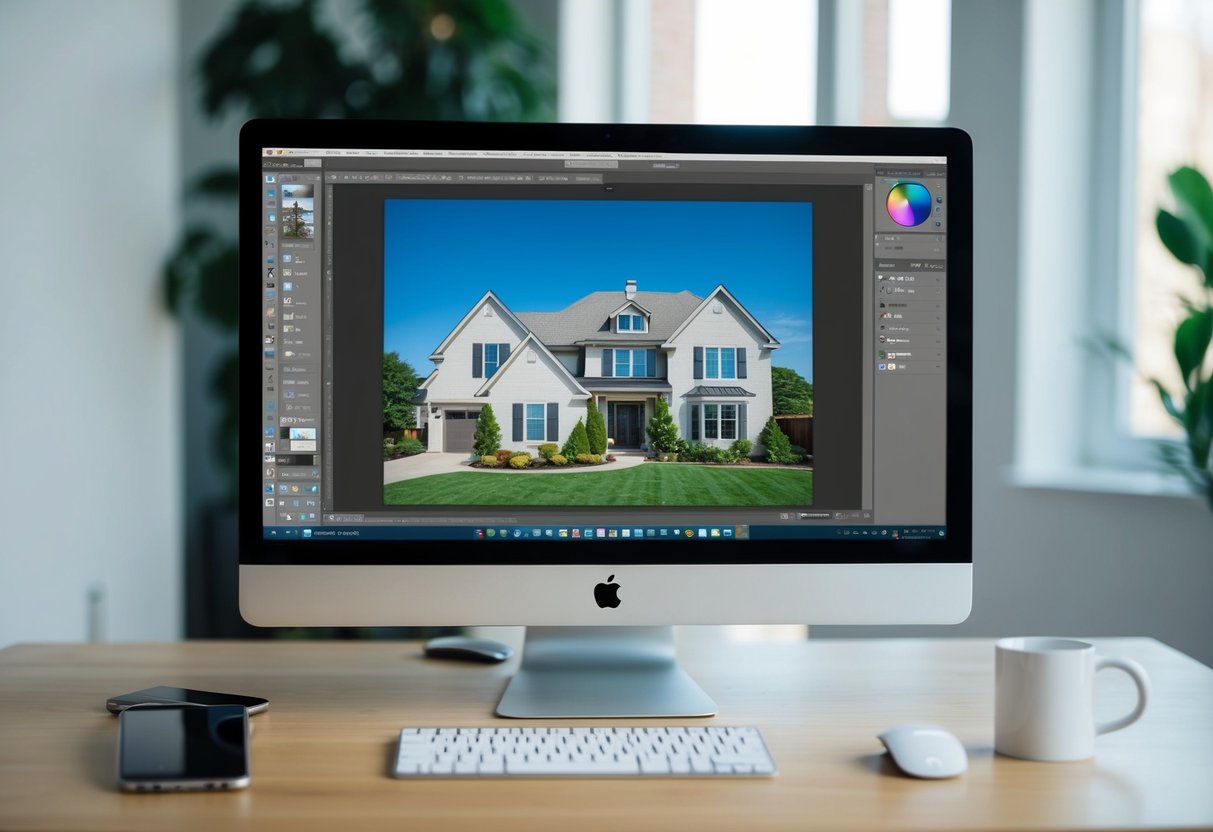 A computer with Photoshop open, showing a real estate photo being edited with advanced techniques. Multiple layers and adjustment tools visible