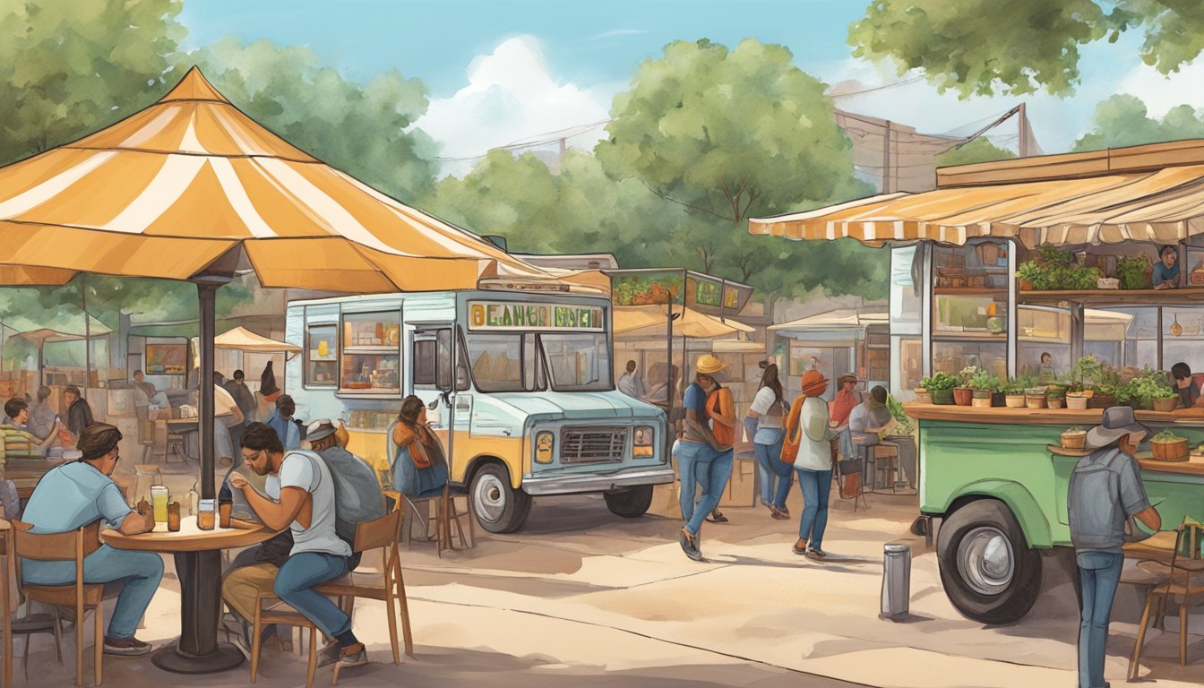 A bustling Texan dining scene, featuring food trucks, restaurants, and ranches serving up delicious vegan and plant-based cuisine