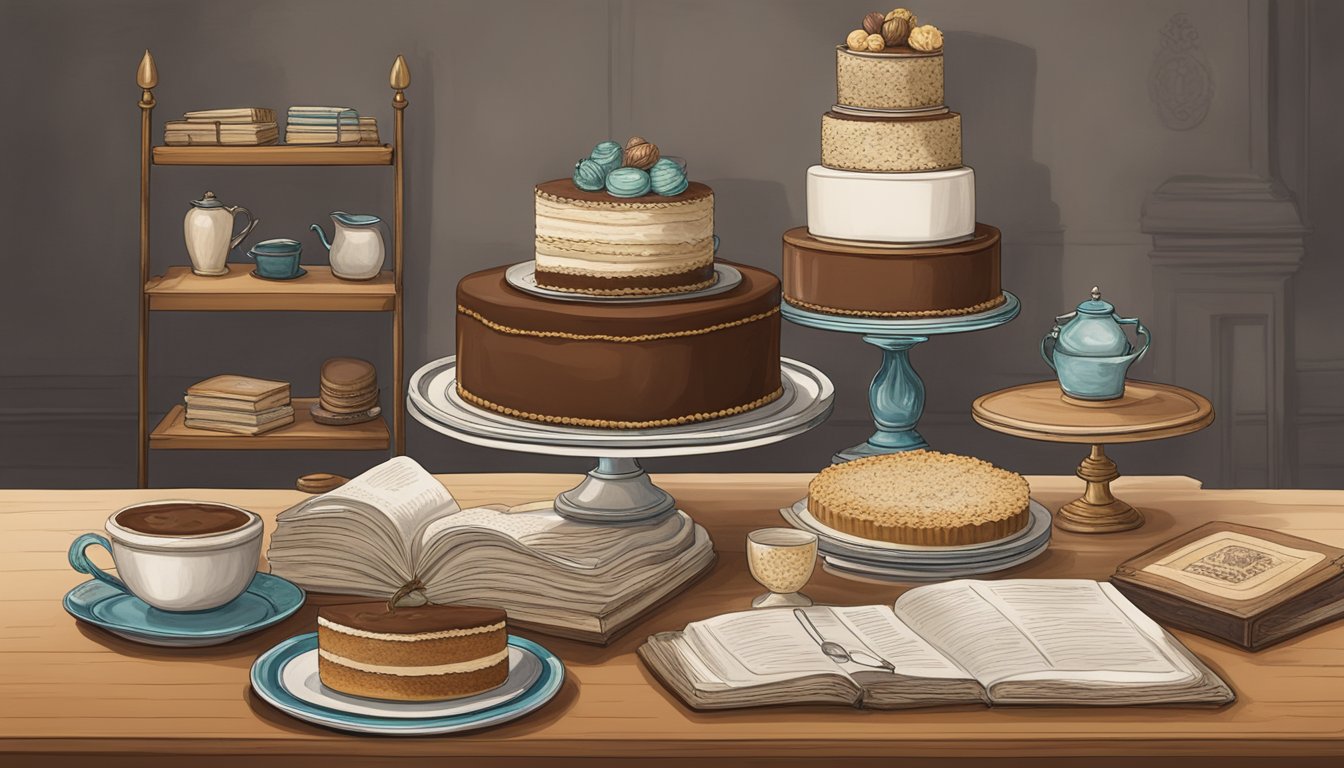 A table set with a vintage cake stand holding a rich, chocolate Texas funeral cake surrounded by family heirlooms and old recipe books