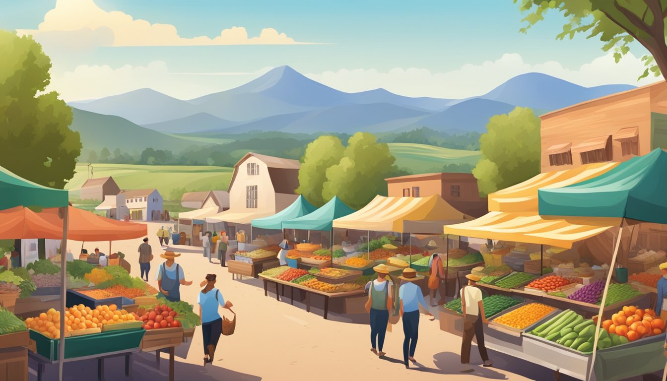 A bustling farmers market with colorful stalls selling fresh produce and vegan Texan dishes, surrounded by sprawling ranches and rolling hills