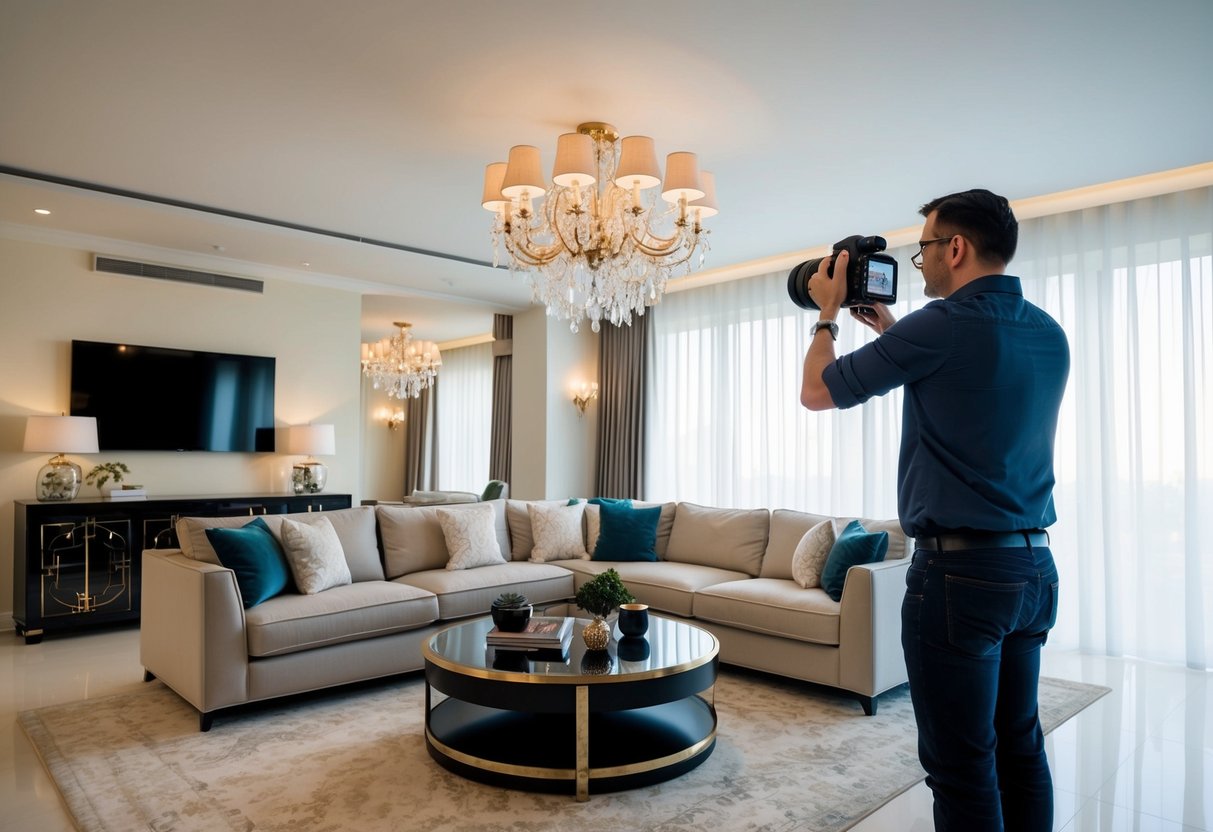 A photographer carefully adjusts lighting and angles to capture the perfect shot of a luxurious living room for real estate photography editing