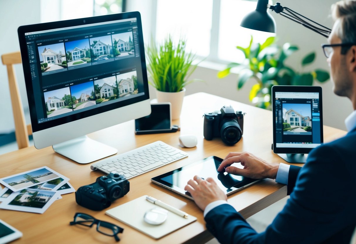 A desk with a computer, tablet, and camera. Various editing tools and real estate photos scattered around. Bright, natural lighting