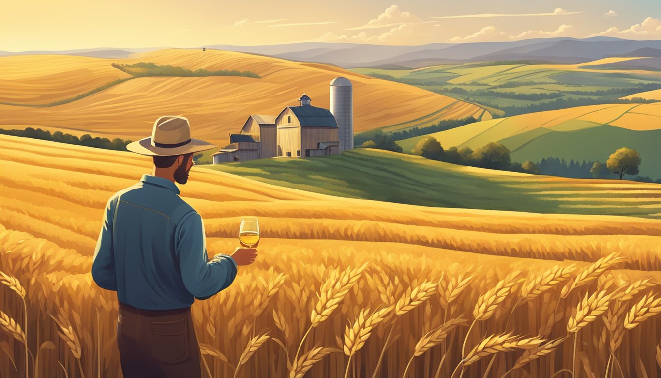 Golden wheat fields stretching to the horizon, with a distillery nestled among the rolling hills. A farmer examines the heritage grains, while a glass of whiskey glistens in the sunlight