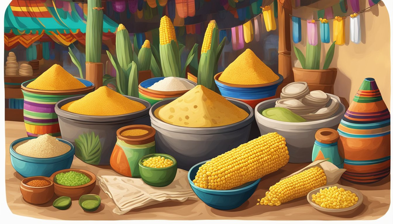 A colorful market stall displaying corn and flour tortillas, surrounded by traditional Mexican pottery and ingredients