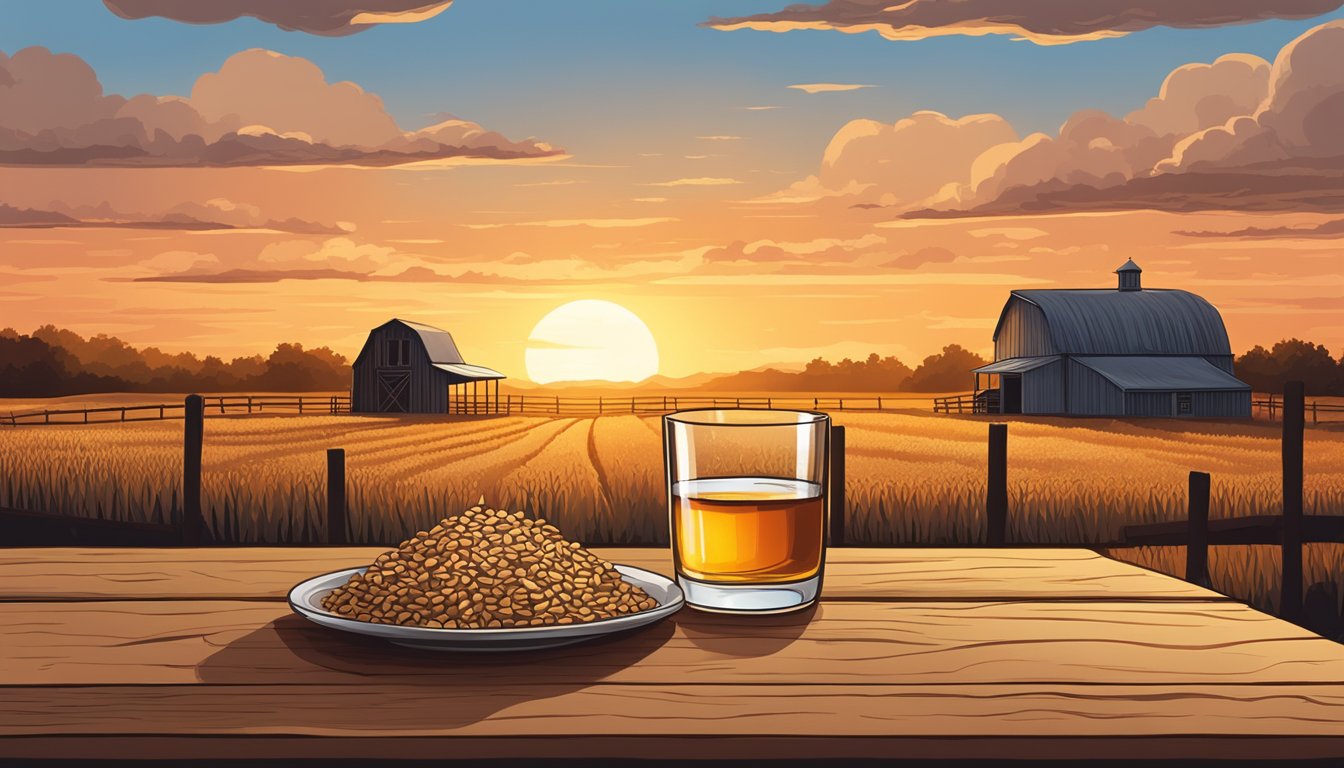 Sunset over a Texas farm with fields of heirloom grains, a distillery in the background, and a glass of whiskey on a rustic wooden table