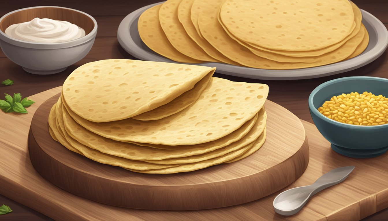 A stack of golden corn tortillas and a stack of soft flour tortillas on a wooden cutting board